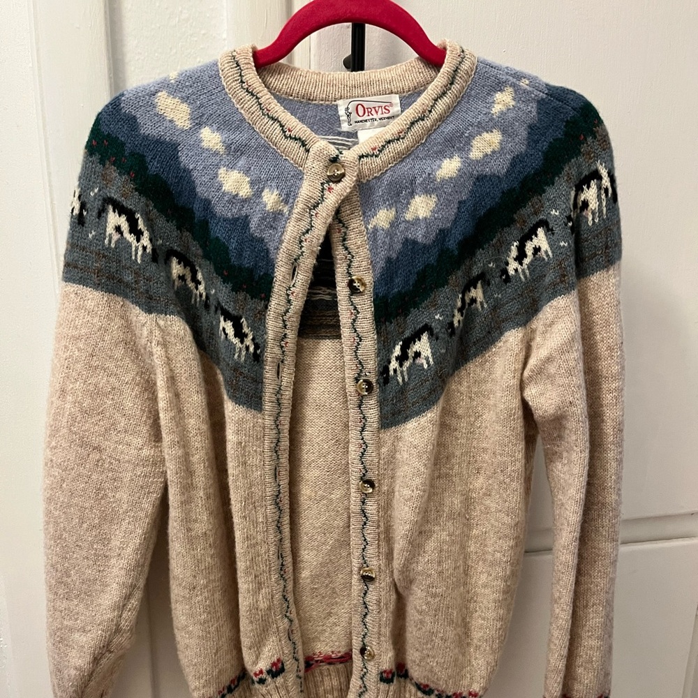 Vintage Vermont Wool Cow Cardigan Sweater Large